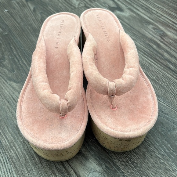 Veronica Beard Cork Platform Wedge Flip Flop Sandal in Pink Suede - Picture 4 of 5